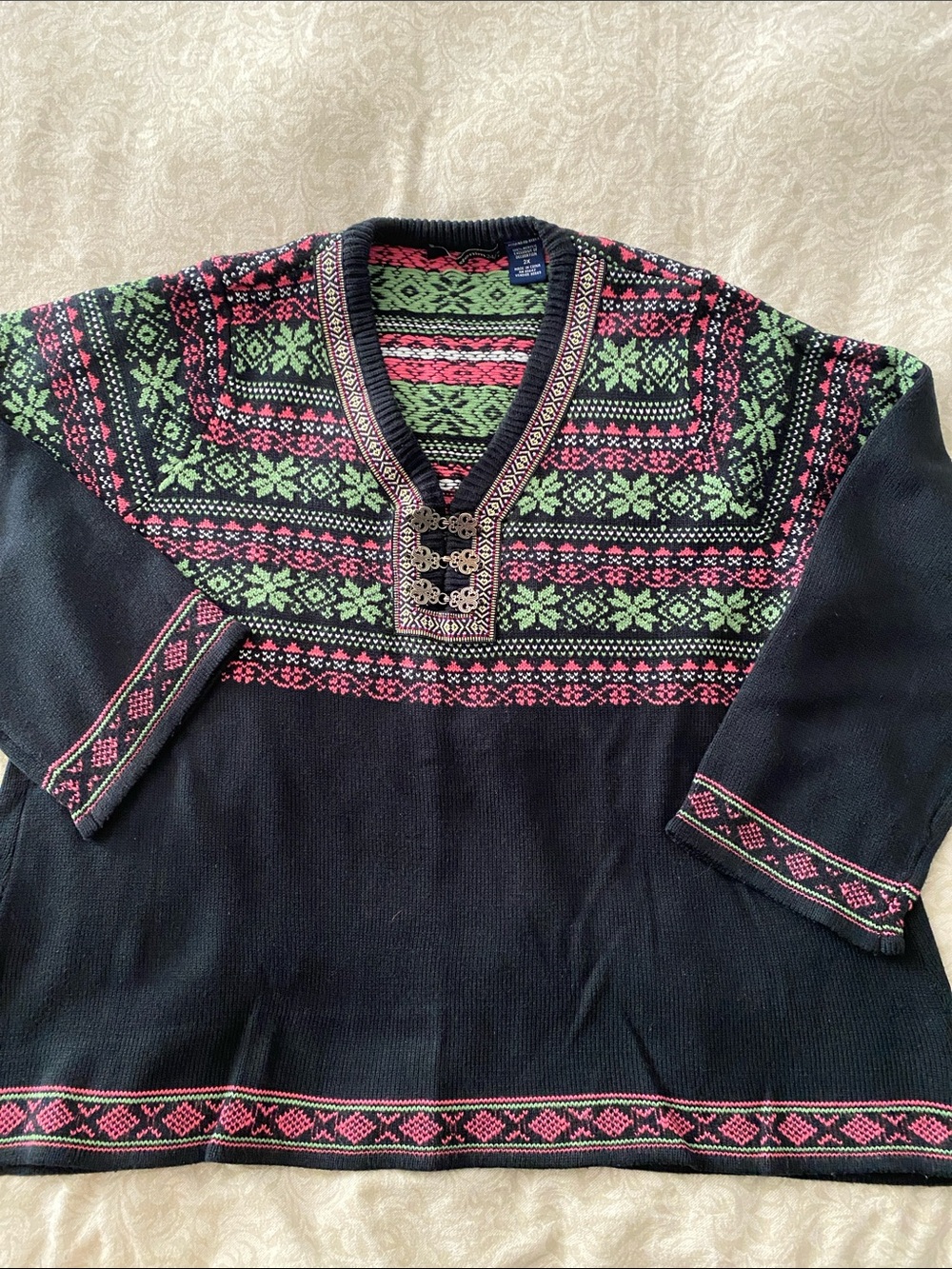 Women’s Black Nordic-Pattern V-Neck Sweater with Pink/Green Accents Sz 2X
